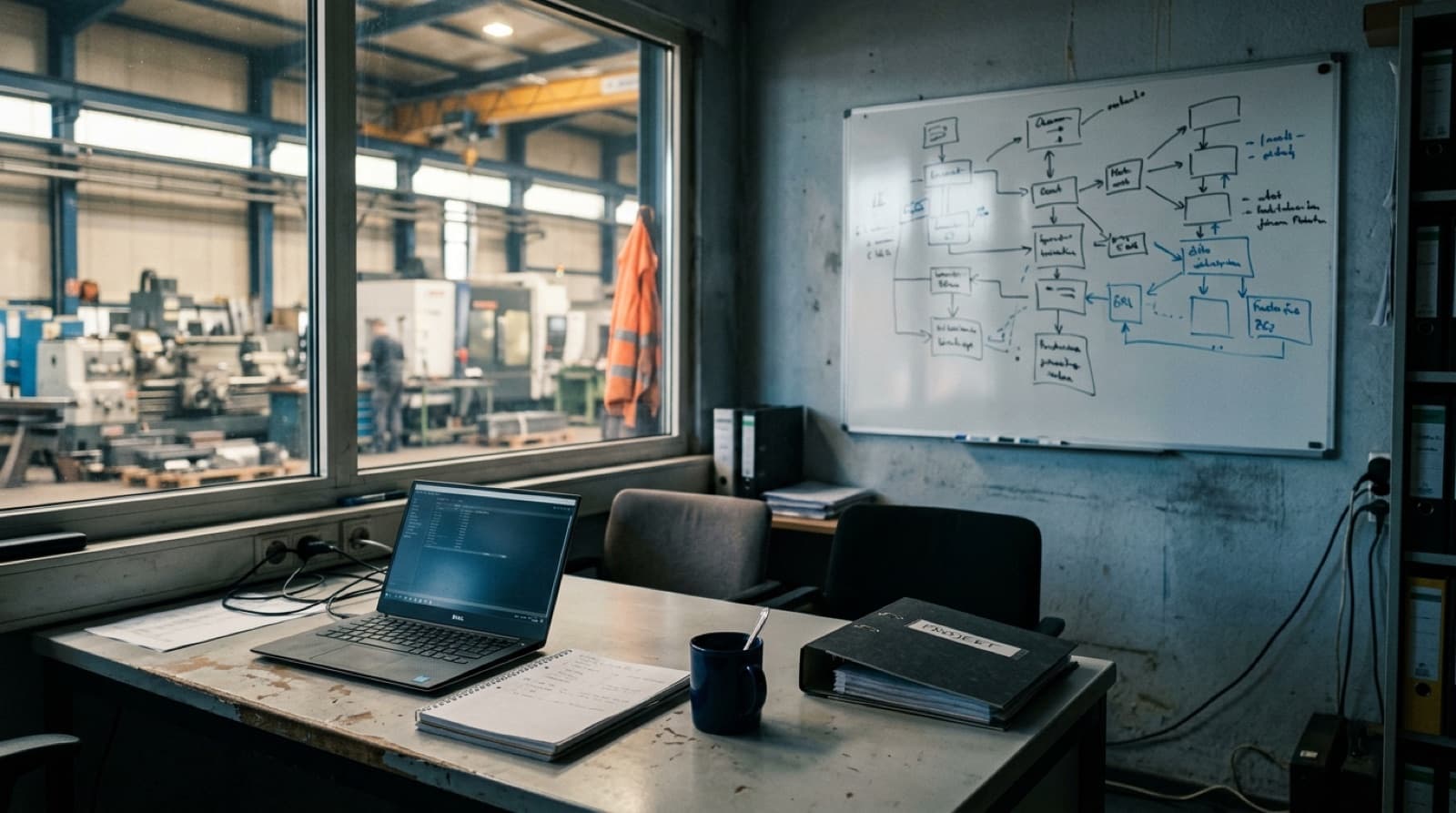 Kleines Werksbüro mit Laptop, Notizblock und Ordner auf dem Tisch, Whiteboard mit Ablaufskizze an der Wand, dahinter durch ein Fenster die Produktionshalle