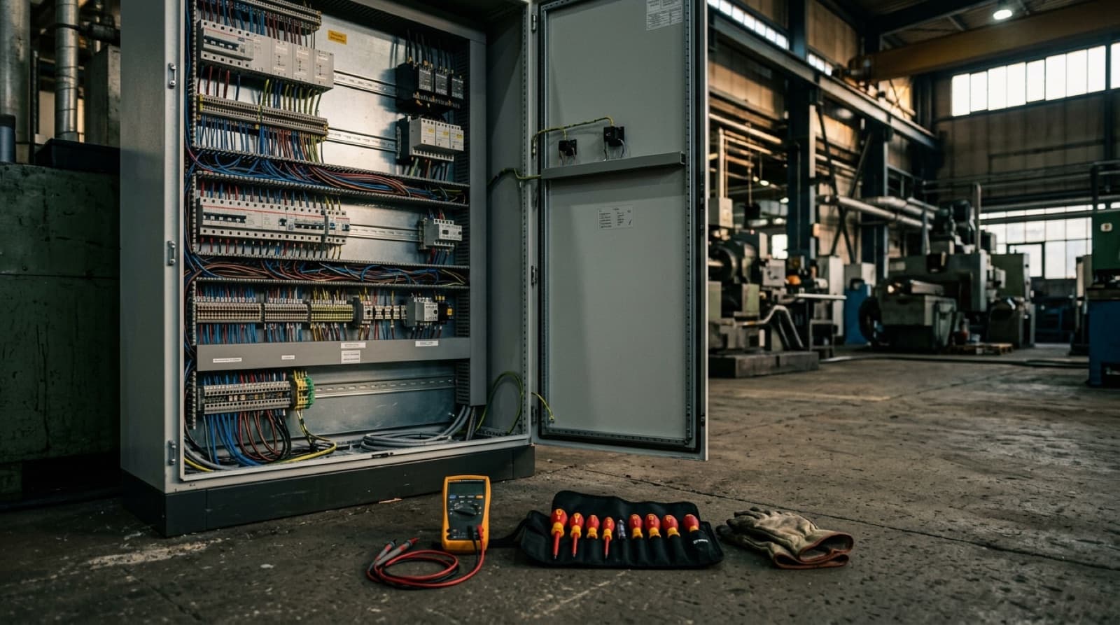 Offener Schaltschrank in einer Instandhaltungshalle, davor Multimeter, Schraubendrehersatz und Arbeitshandschuhe auf dem Boden, niemand am Arbeitsplatz