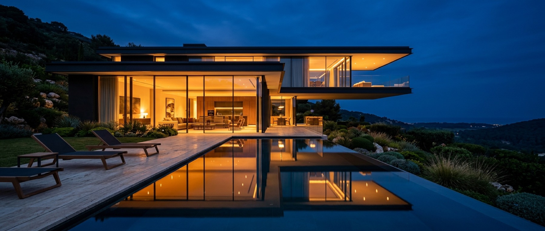 Moderne Villa mit bodentiefen Fenstern und Pool zur blauen Stunde
