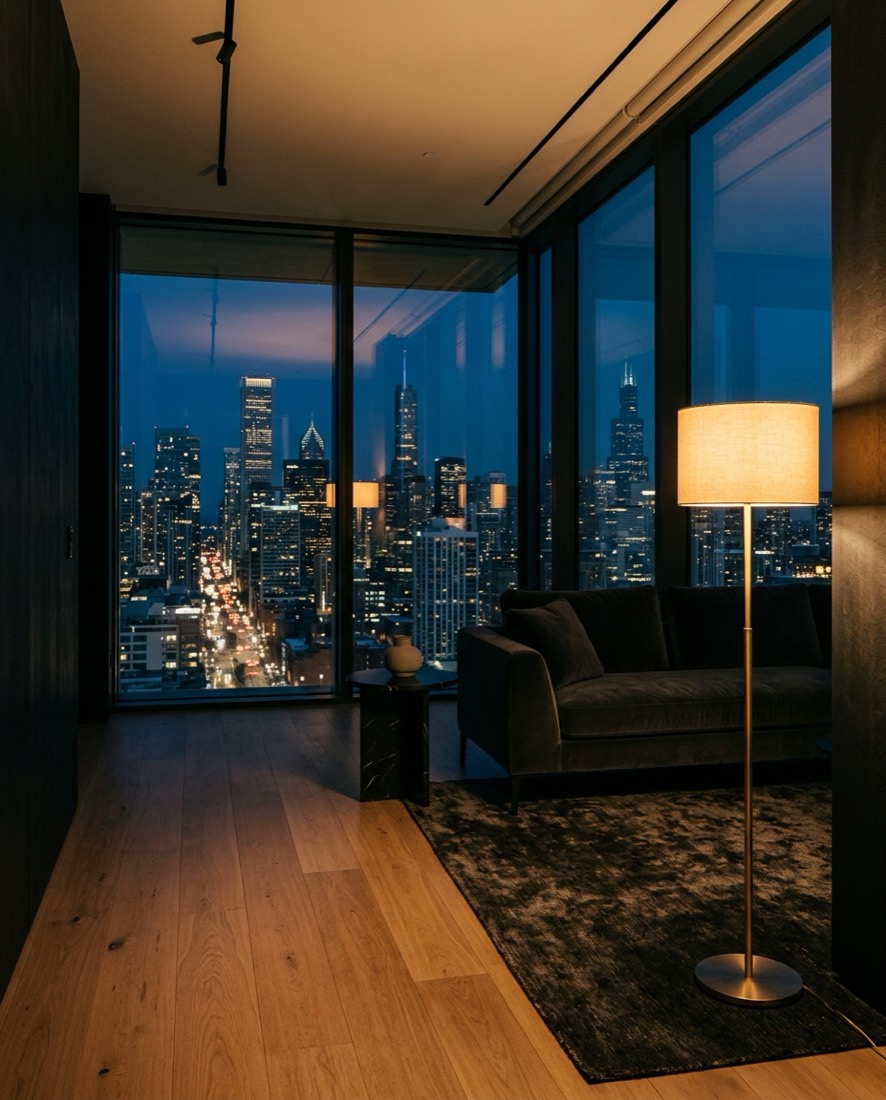 Wohnraum einer Penthouse-Wohnung mit Blick über die Stadt